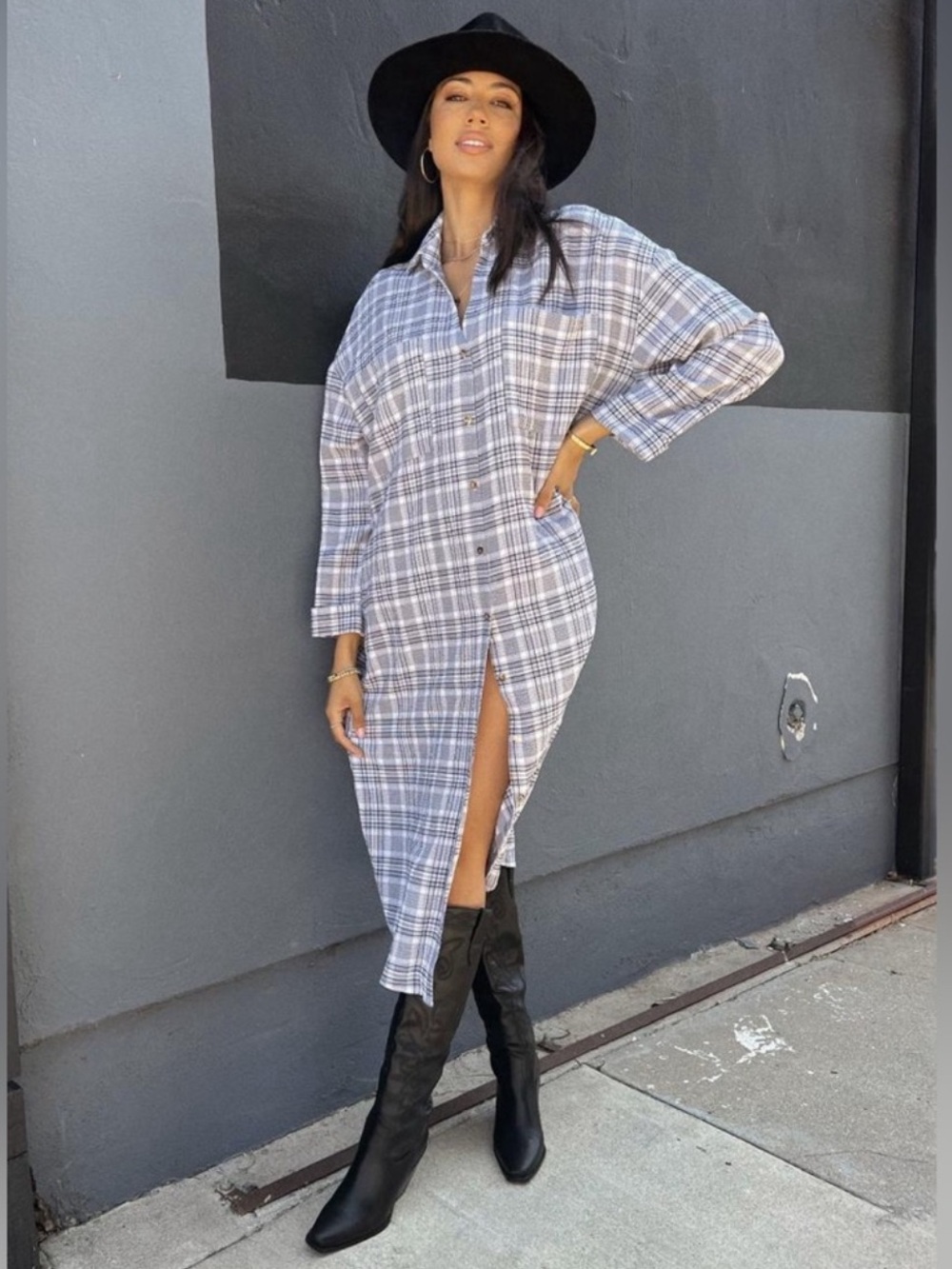 NWT Show Me Your Mumu Leo Button Down Tunic sz S Windowpane Plaid Black & White